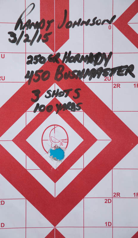 100 yard three shot group with game breaker 450 bushmaster rifle